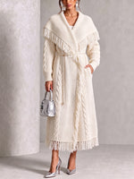 Cozy Fringed Cable-Knit Midi Cardigan Dress