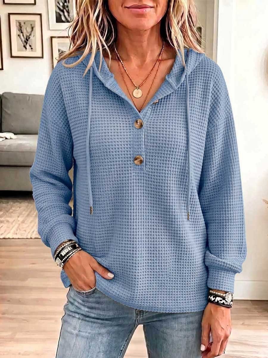 Women's Solid Color V-neck Long-sleeve Casual Loose Waffle Knit Hooded Top