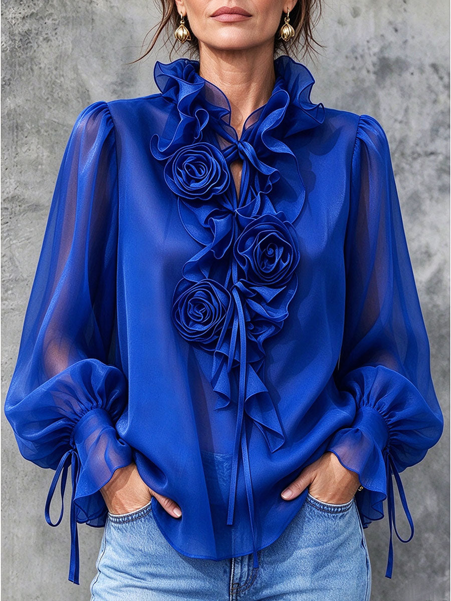 Elegant Ruffled Collar Sheer-sleeve Ruffled Rosette Blouse