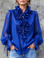 Elegant Ruffled Collar Sheer-sleeve Ruffled Rosette Blouse