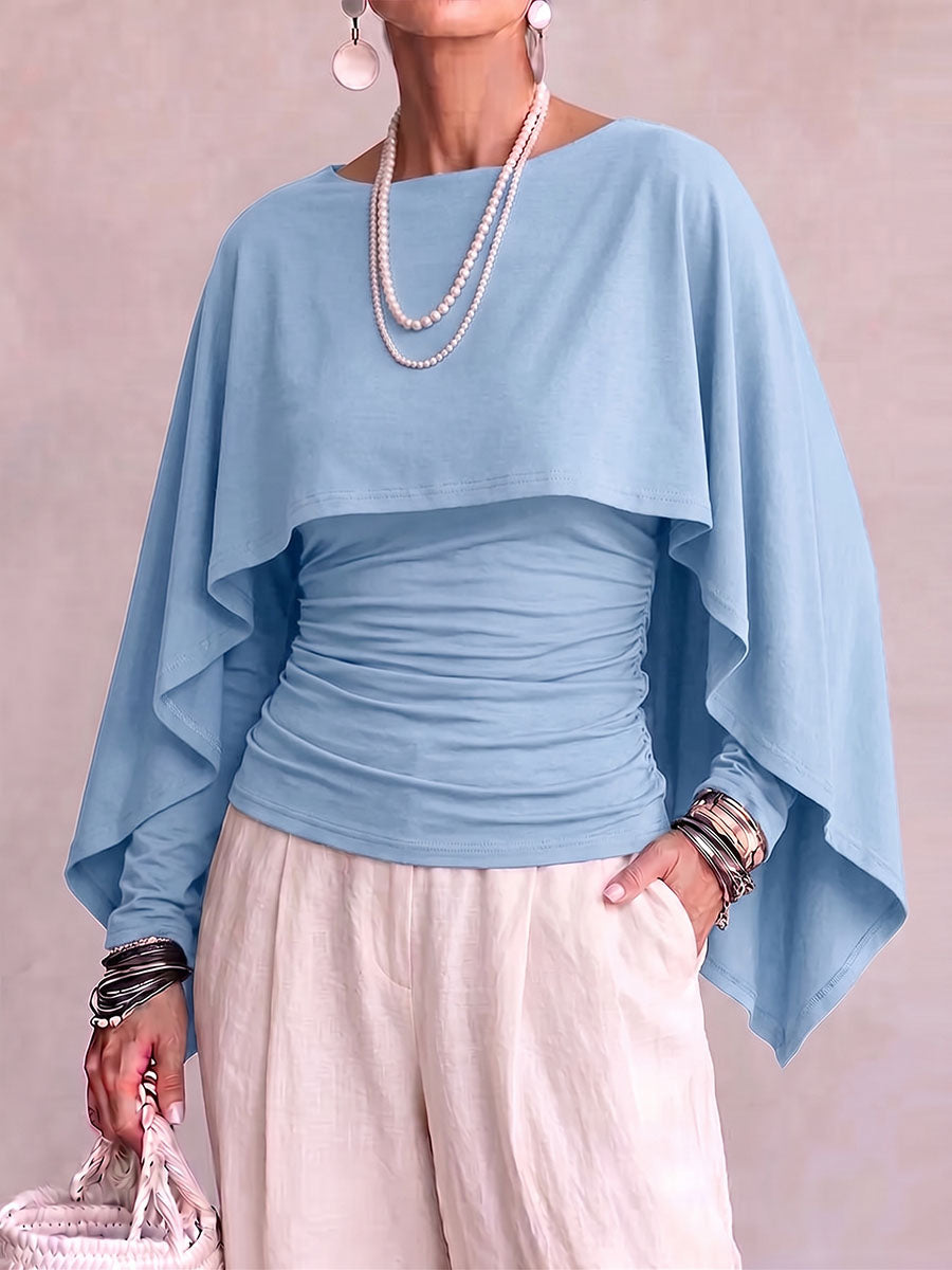 Women's Solid Color Round Neck Long-sleeved Casual Loose Cape-style Top