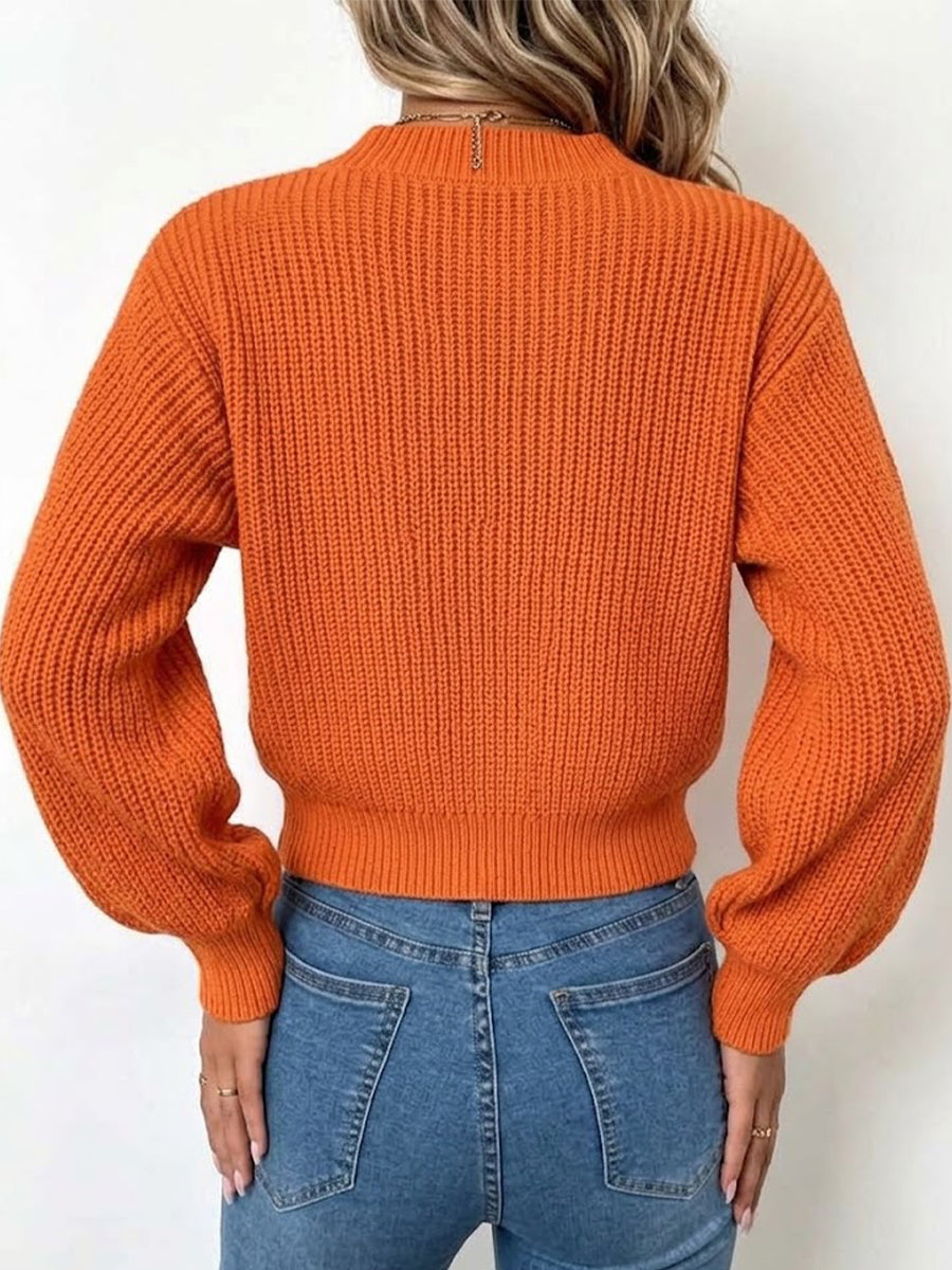 V-neck Argyle Cable-knit Lantern-sleeve Loose Pullover