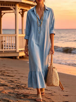 Women's Pullover Collar Long-sleeved Casual Loose A-line Denim Dress
