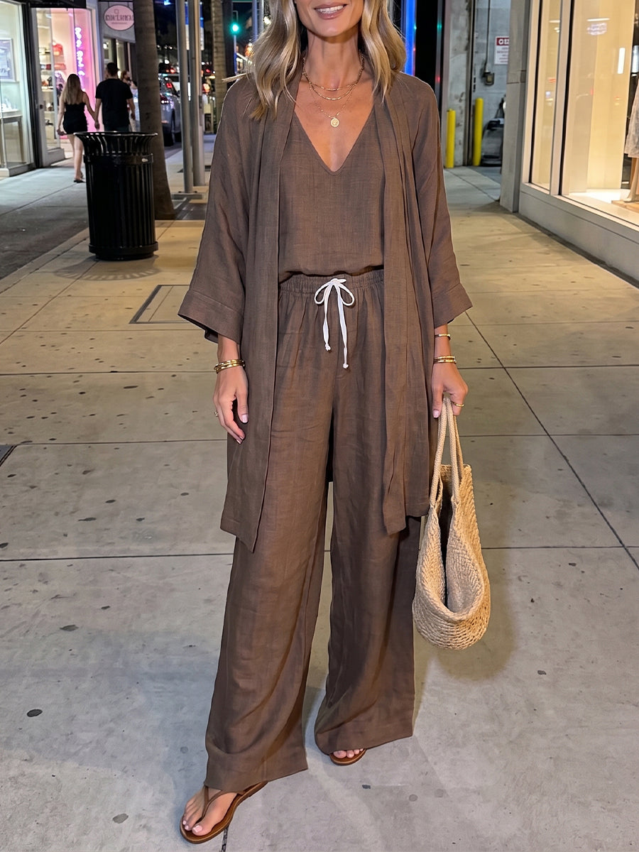 Casual And Comfortable Three-piece Set: Linen Cardigan, Tank Top, And Trousers.