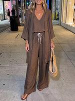 Casual And Comfortable Three-piece Set: Linen Cardigan, Tank Top, And Trousers.
