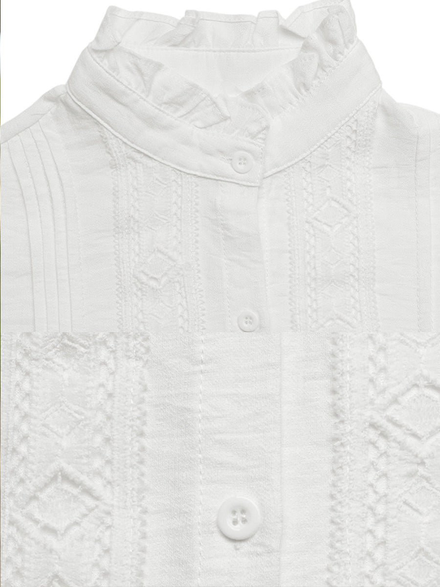 Ruffled Collar Lace Embroidered Cotton Blouse