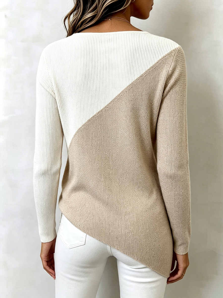Chic Asymmetric Colorblock Ribbed Knit Sweater