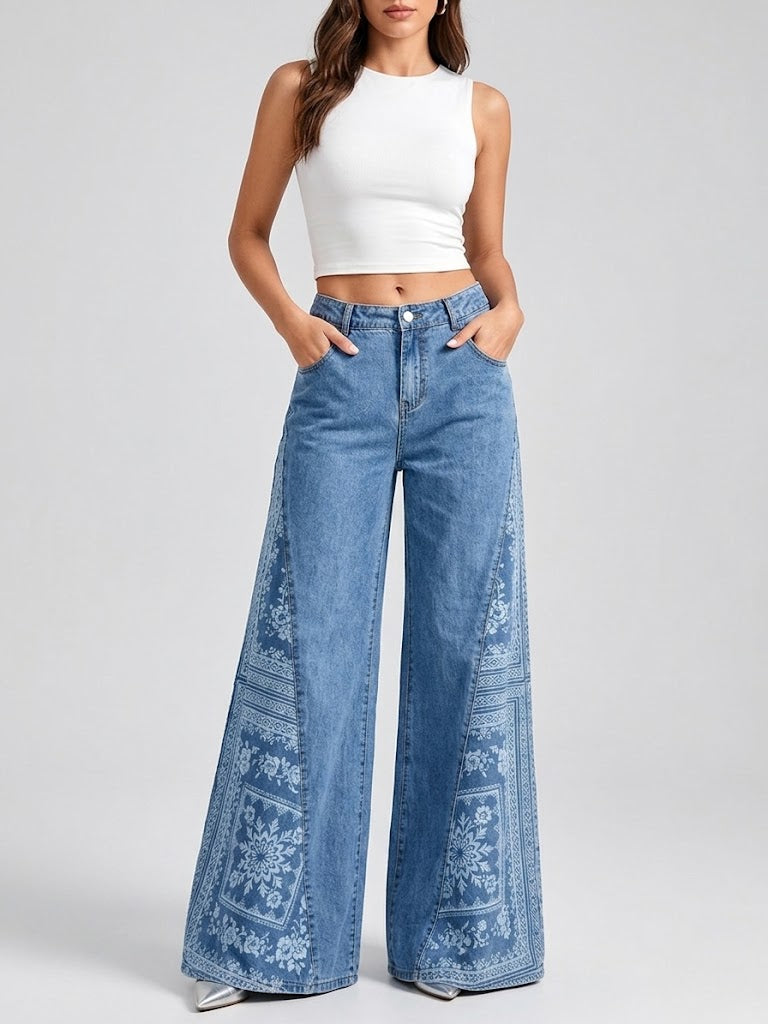 Bohemian-print Patchwork Wide-leg Jeans