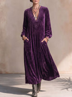 Women's Solid Color V-neck Long Sleeve Casual Loose Rhinestone Velvet Dress