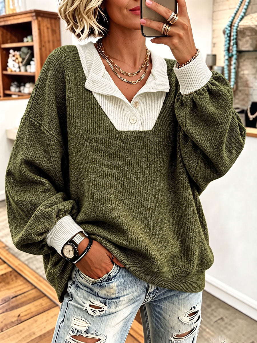 Cozy Contrast Polo Collar Sweater