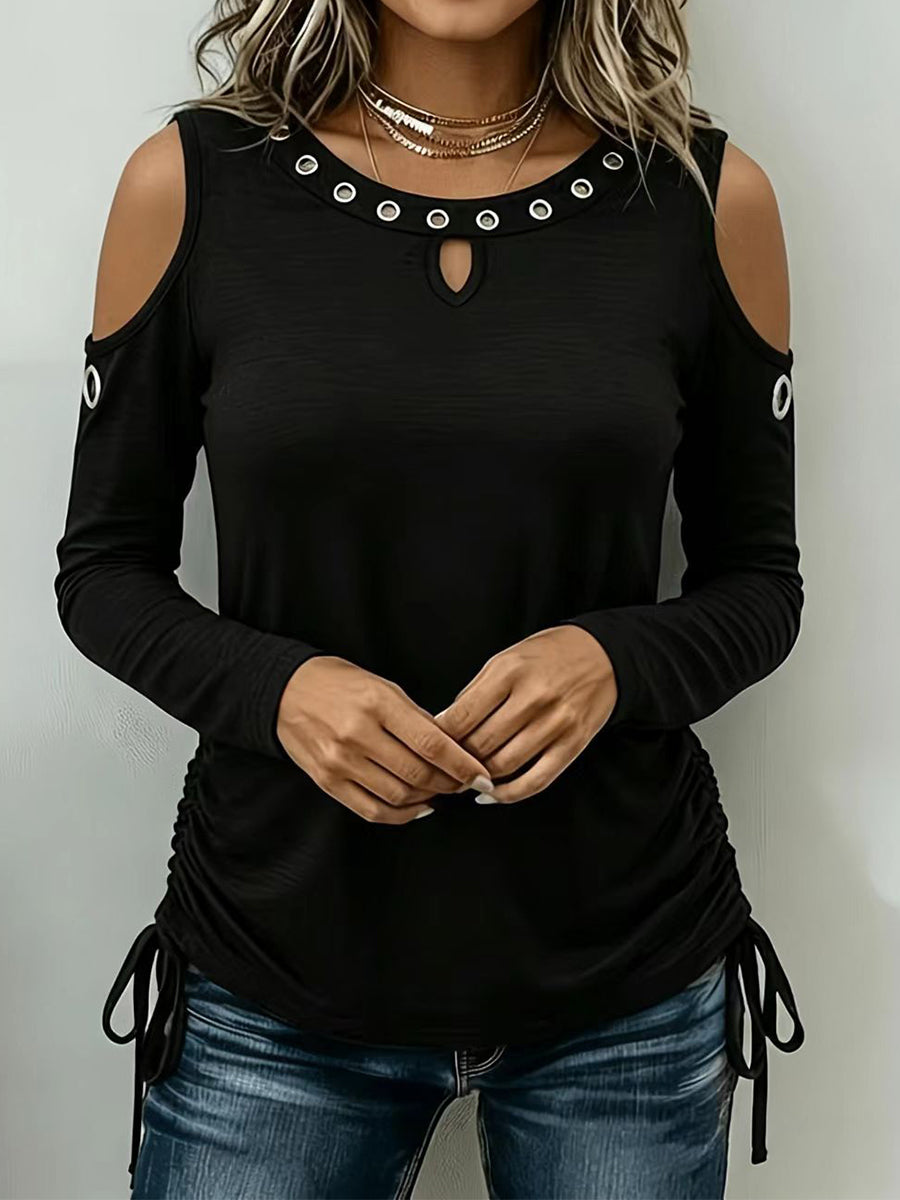 Sleek Grommet Cold-Shoulder Long-Sleeve Top