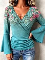 Bohemian Floral Leopard Stretchy Flared Sleeve Blouse