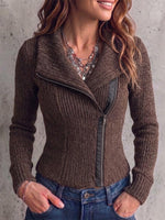 Ribbed Knit Jacket With A Lapel And Diagonal Zipper
