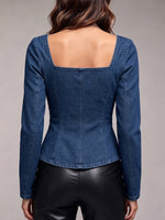 Stylish Asymmetric Denim Top With Square Neck And Gold Buttons