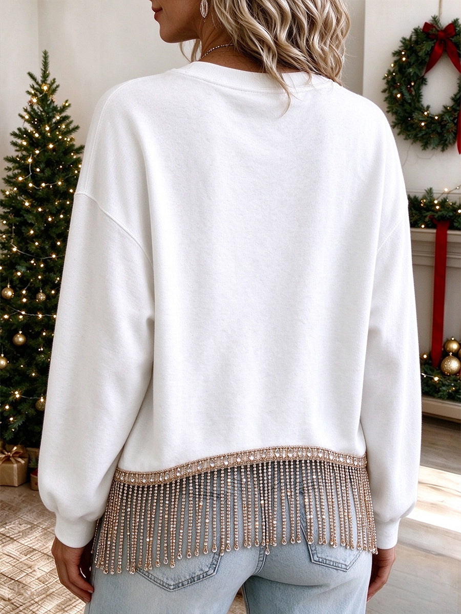 Festive Tree-Graphic Rhinestone-Fringe Sweatshirt