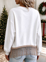 Festive Tree-Graphic Rhinestone-Fringe Sweatshirt
