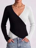 Women's Color-blocked V-neck Long-sleeve Casual Loose Knit Top