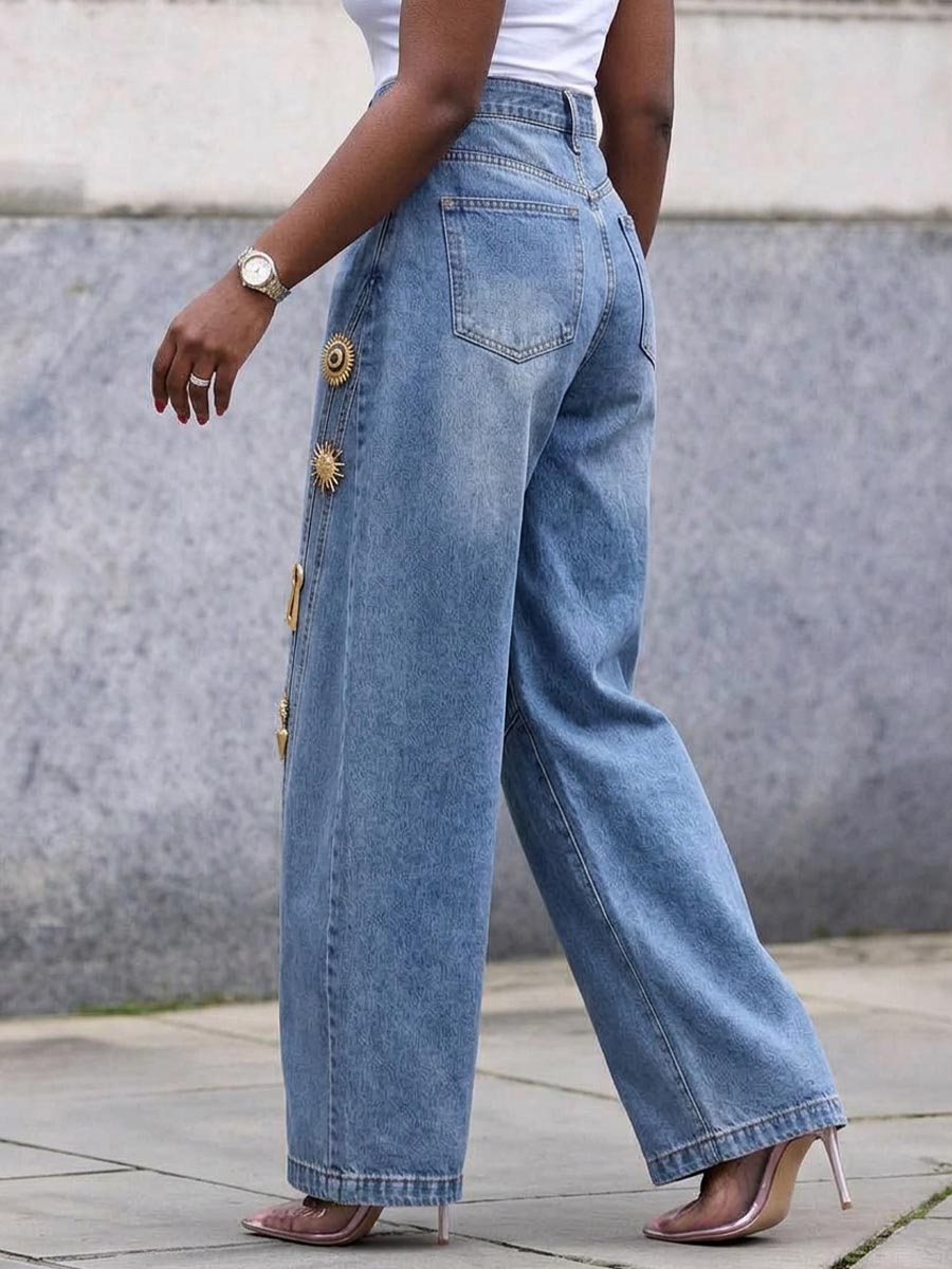 Women's High-Waisted Wide Leg Jeans with Gold Charms