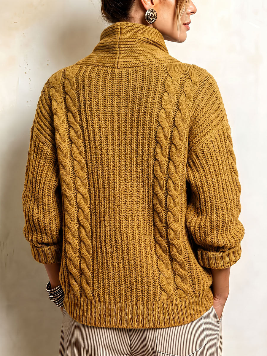 Cozy Chic Mustard Cable-knit Asymmetrical Cardigan Sweater