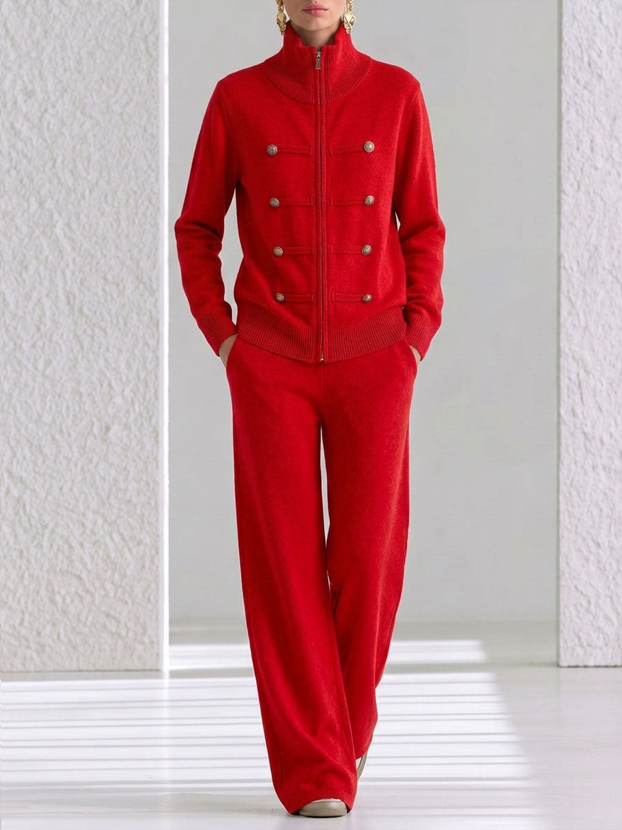 Women's Solid Color Stand Collar Long Sleeve Casual Loose Knit Top And High Waist Wide Leg Pants Knit Set