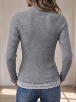 Ribbed Knit Top With A Tie-bow Neckline And A Lace Hem