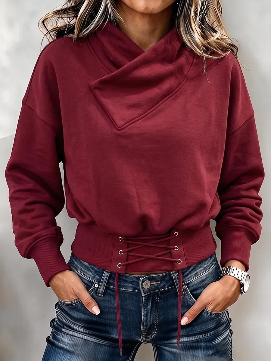 Women's Asymmetrical Neck Lace-Up Waist Pullover Sweatshirt