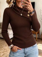 Women's Ribbed Knit Asymmetrical Button Neck Fitted Sweater