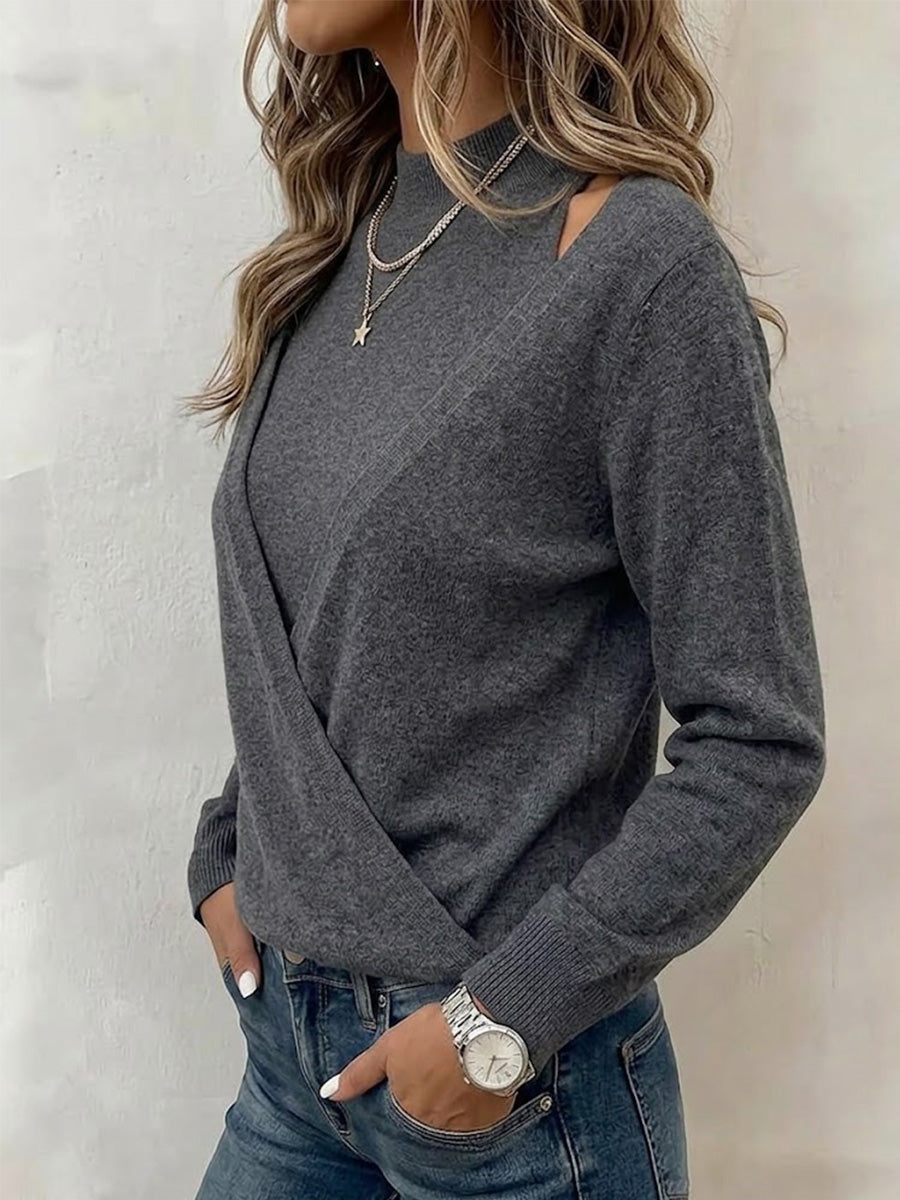 Mock Neck Wrap Fake Two‑piece Cold‑shoulder Knit Top