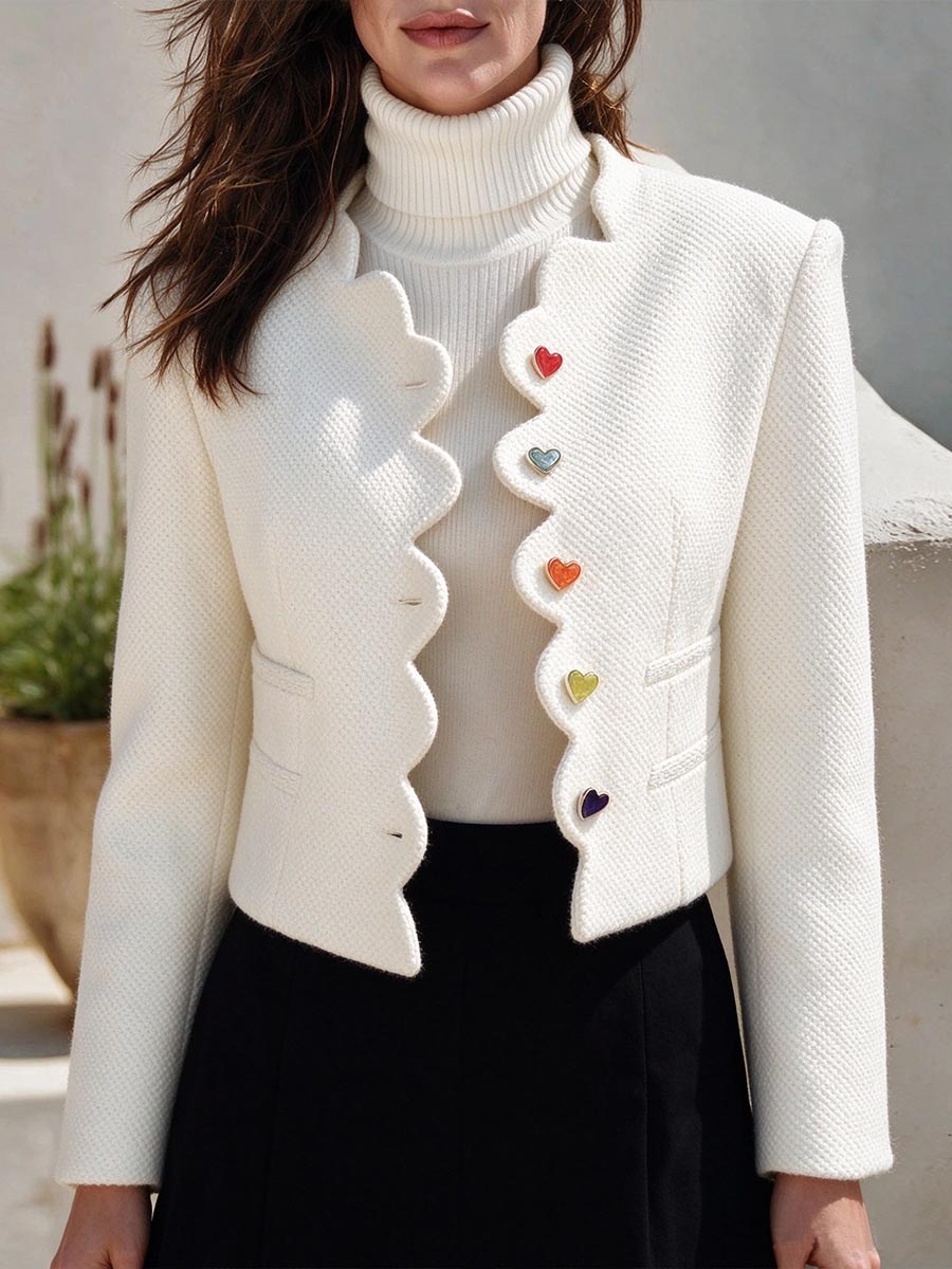 Women's Cropped White Jacket With Scalloped Trim And Heart Buttons