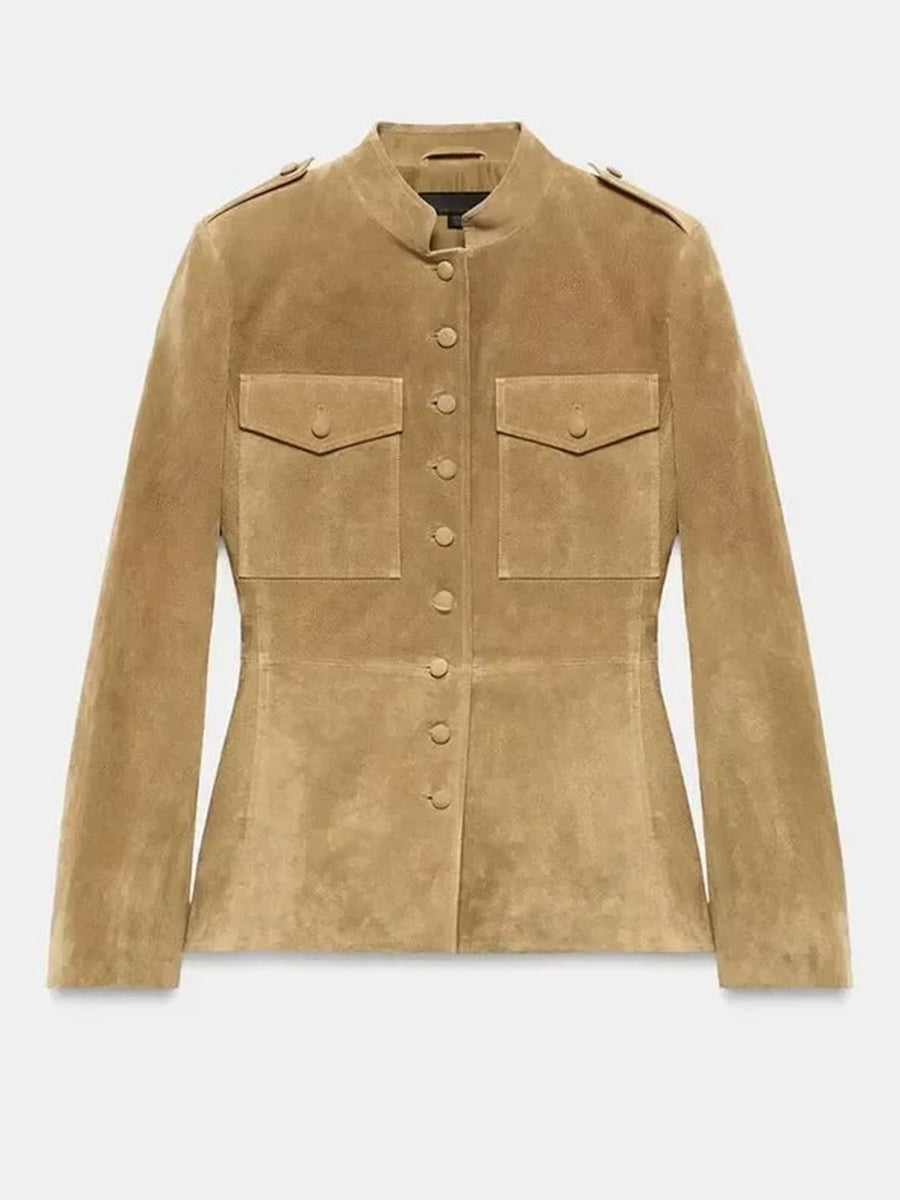 Retro-casual Suede Military-style Jacket With A Stand Collar