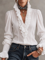 Elegant Ruffle Trim Ruffle Cotton Blend Top