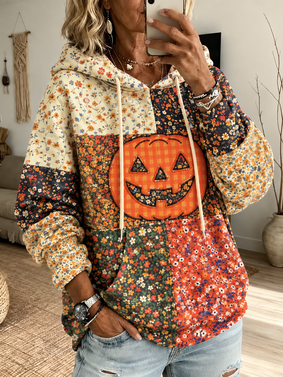 Halloween Floral Patchwork Hoodie