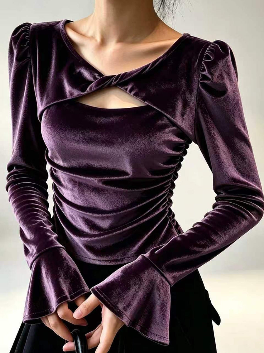 Luxurious Velvet Twist-Front Long-Sleeve Top
