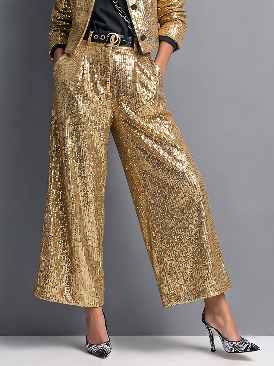 Chic Gold Sequin Sparkle Wide-Leg Trousers