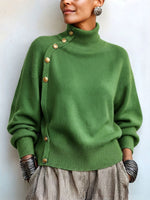 Chic Elegant Asymmetrical Button Turtleneck Sweater