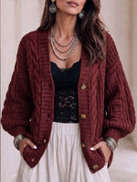 Women's Solid Color V-neck Long Sleeve Casual Loose Knit Cardigan
