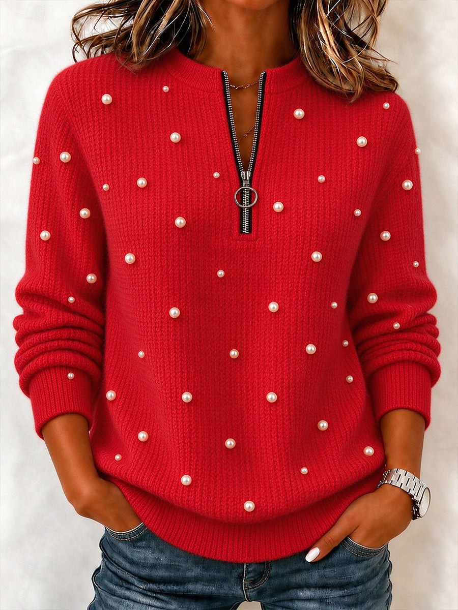 Pearl-Embellished Half-Zip Knit Pullover