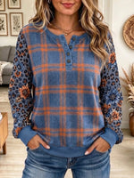 Long-sleeve Henley Top With A Mix Of Plaid, Floral, And Leopard Prints