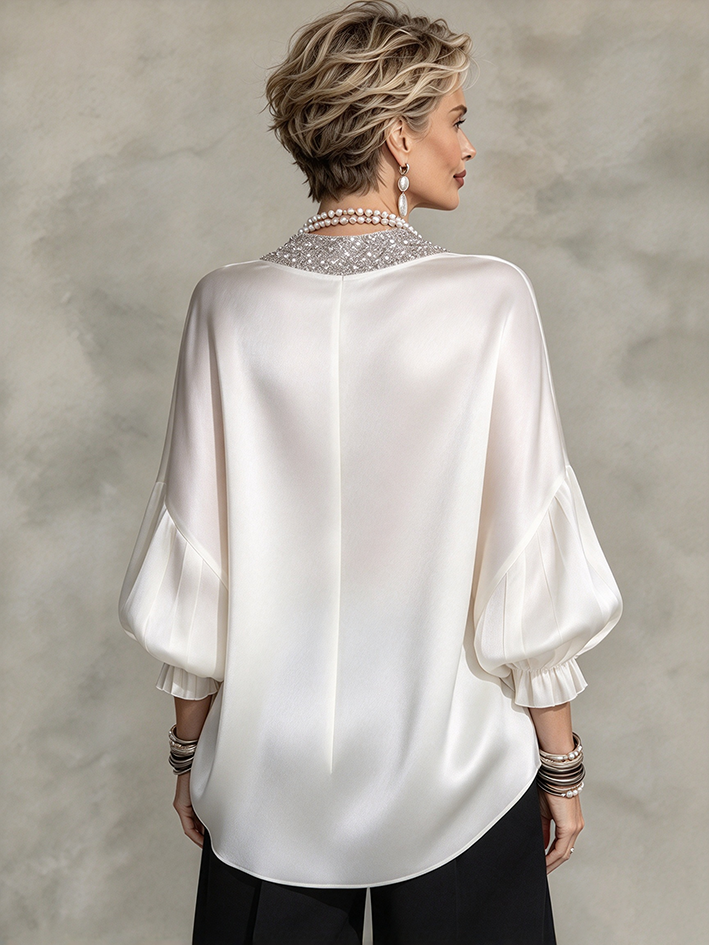 Elegant Formal Sparkling Embellished Satin Blouse