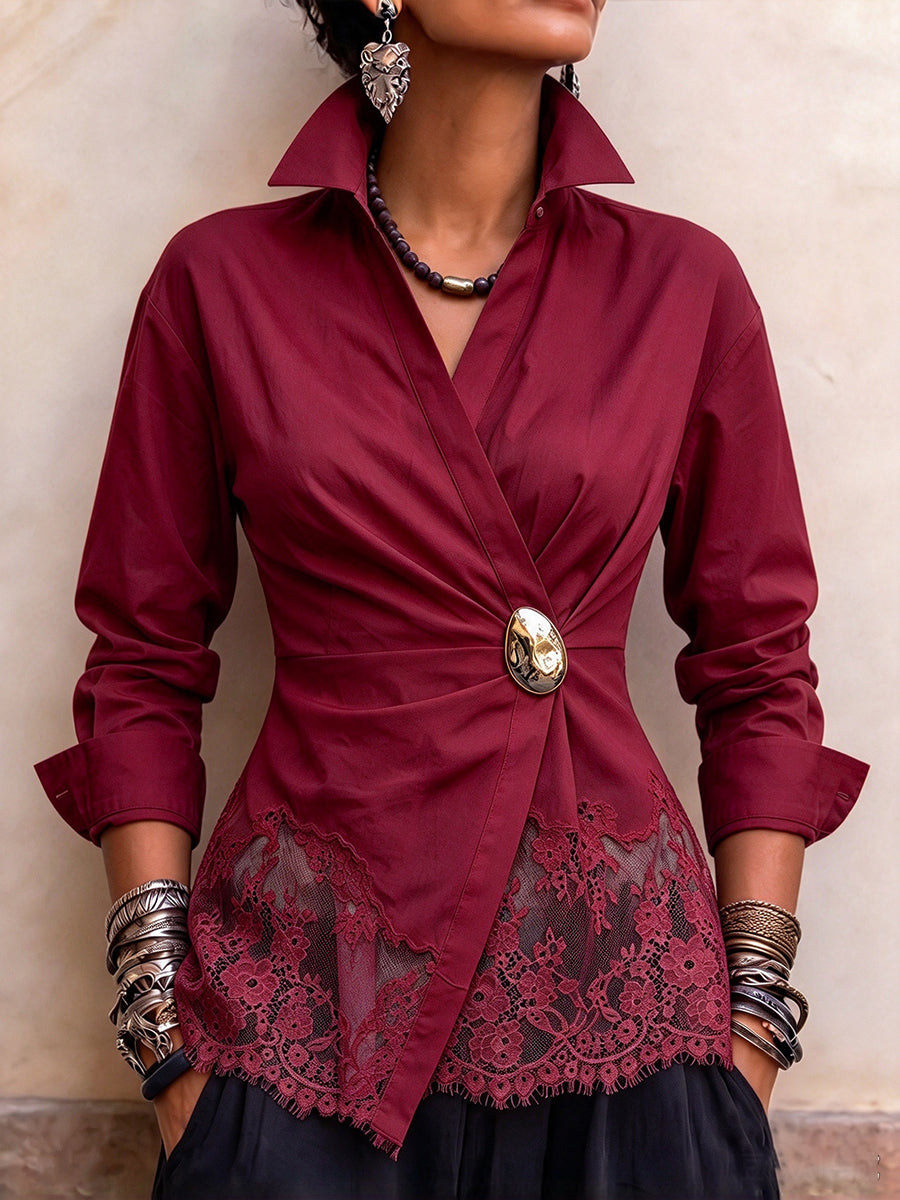 Chic Burgundy Poplin & Lace Wrap-Front Shirt