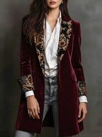 Navy Velvet Longline Blazer With Ornate Embroidered Lapels