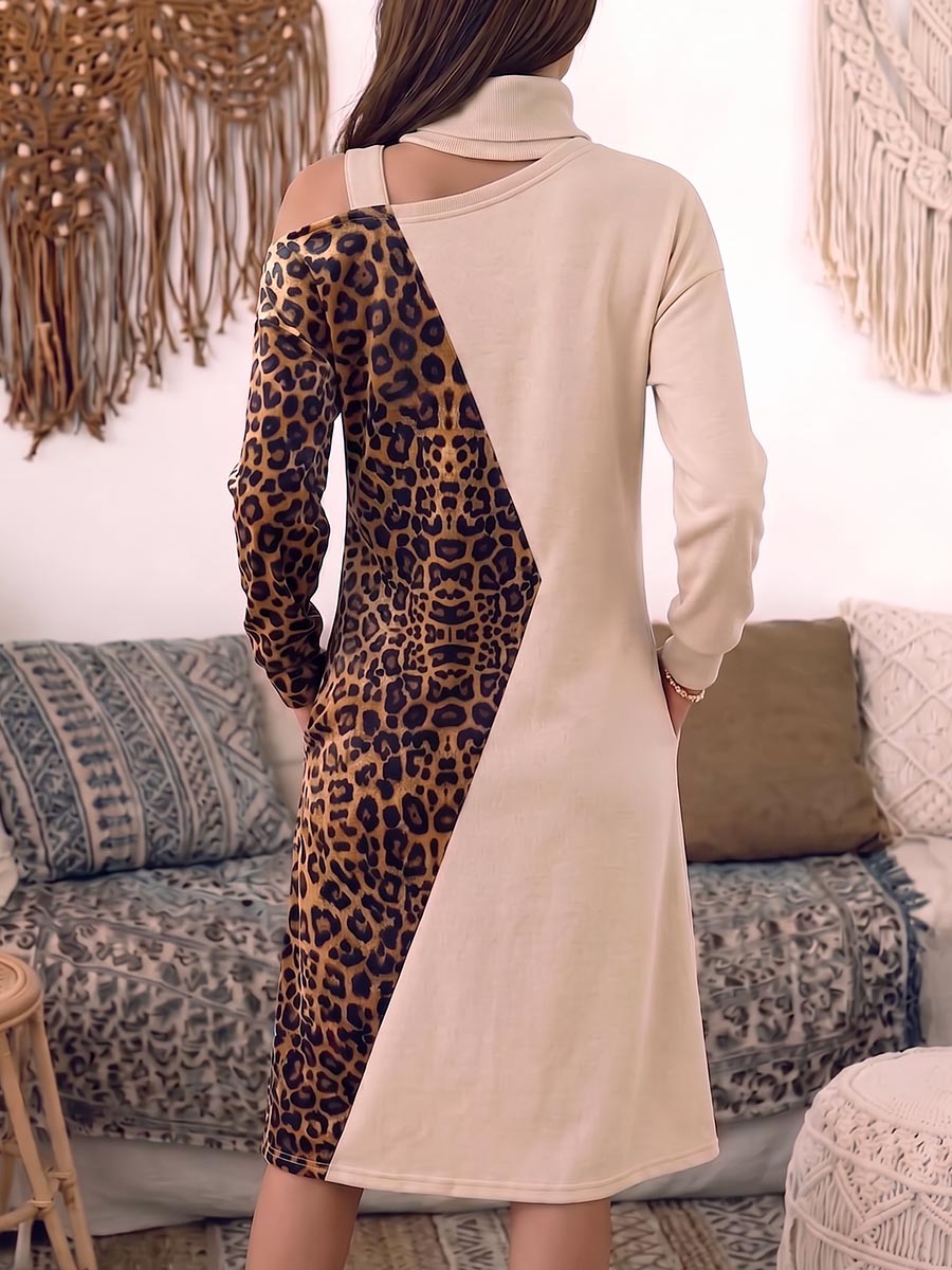 Women's High-neck Off-shoulder Long-sleeved Casual Loose-fitting Warm Printed Patchwork Sweatshirt Dress