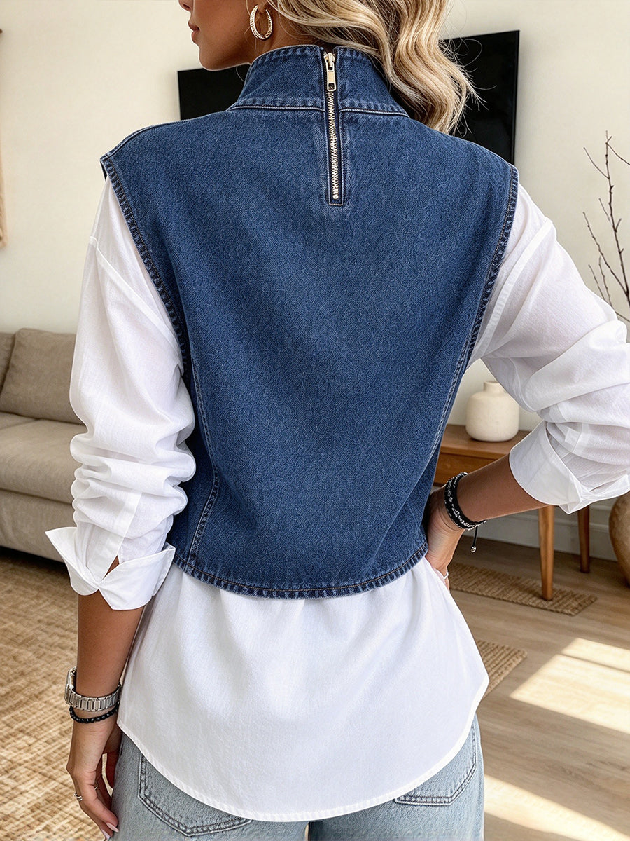 Chic Denim Vest And White Shirt Two-piece Set