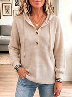 Women's Solid Color V-neck Long-sleeve Casual Loose Waffle Knit Hooded Top
