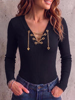 Women's Solid Color V-neck Long Sleeve Casual Loose Knitted Pullover
