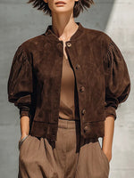 Chic Faux Suede Cropped Jacket With Puff Sleeves