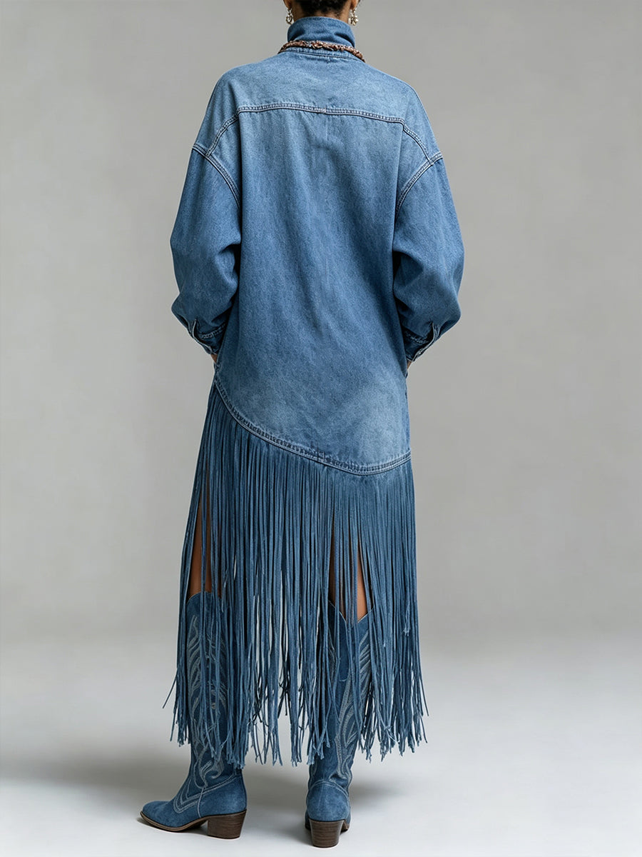 Avant-Garde Fringed Turtleneck Denim Dress