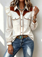Chic Fall Western Vibe Ruffle Trim Corduroy Patchwork Blouse