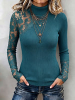 Chic Asymmetrical Lace & Ribbed Turtleneck Top
