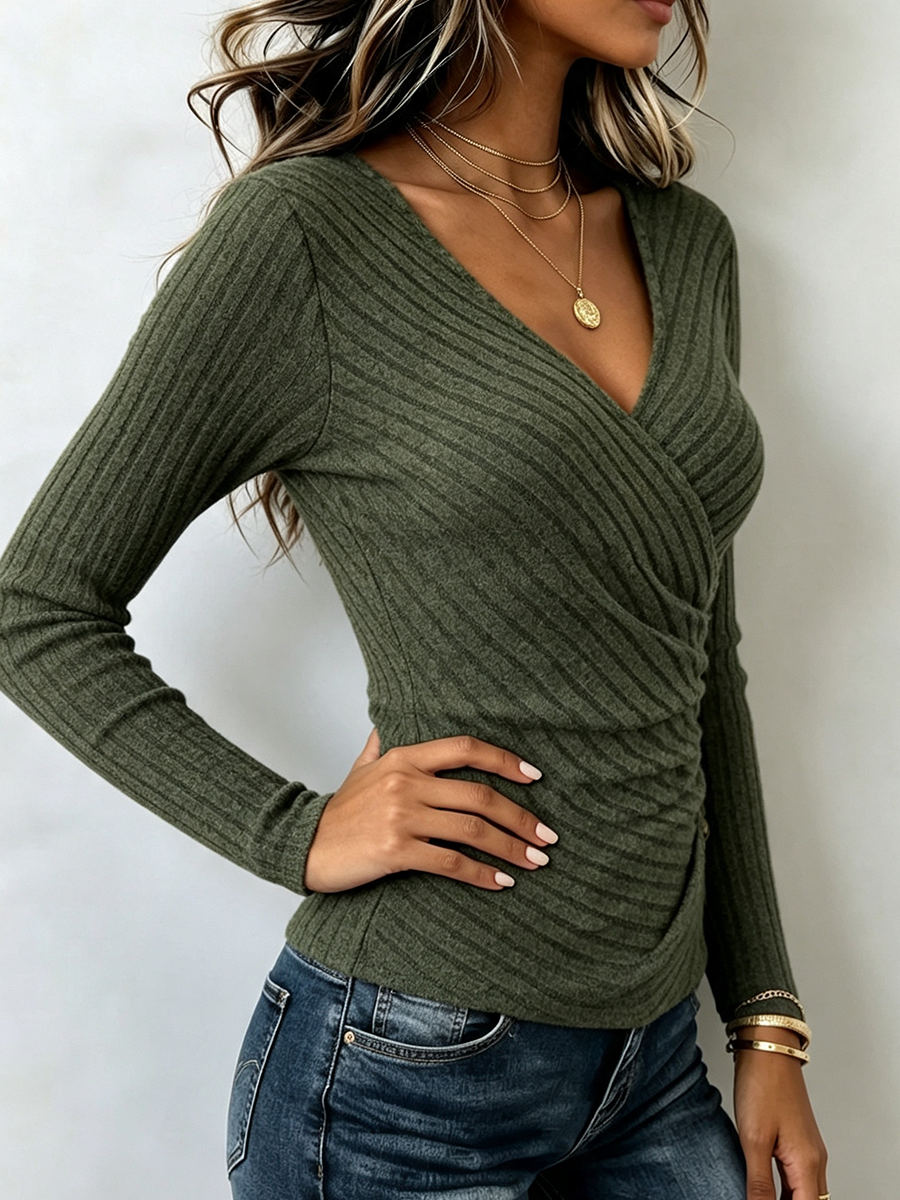 Cozy Ribbed Wrap Top With Chic Side Button